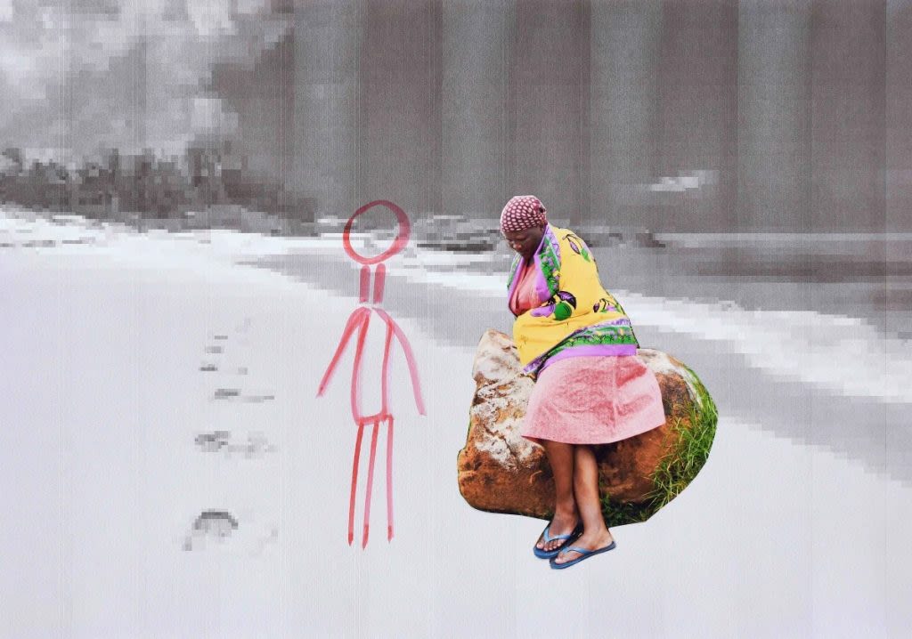 Artwork collage of a woman sitting on a boulder next to a sketch of a human.