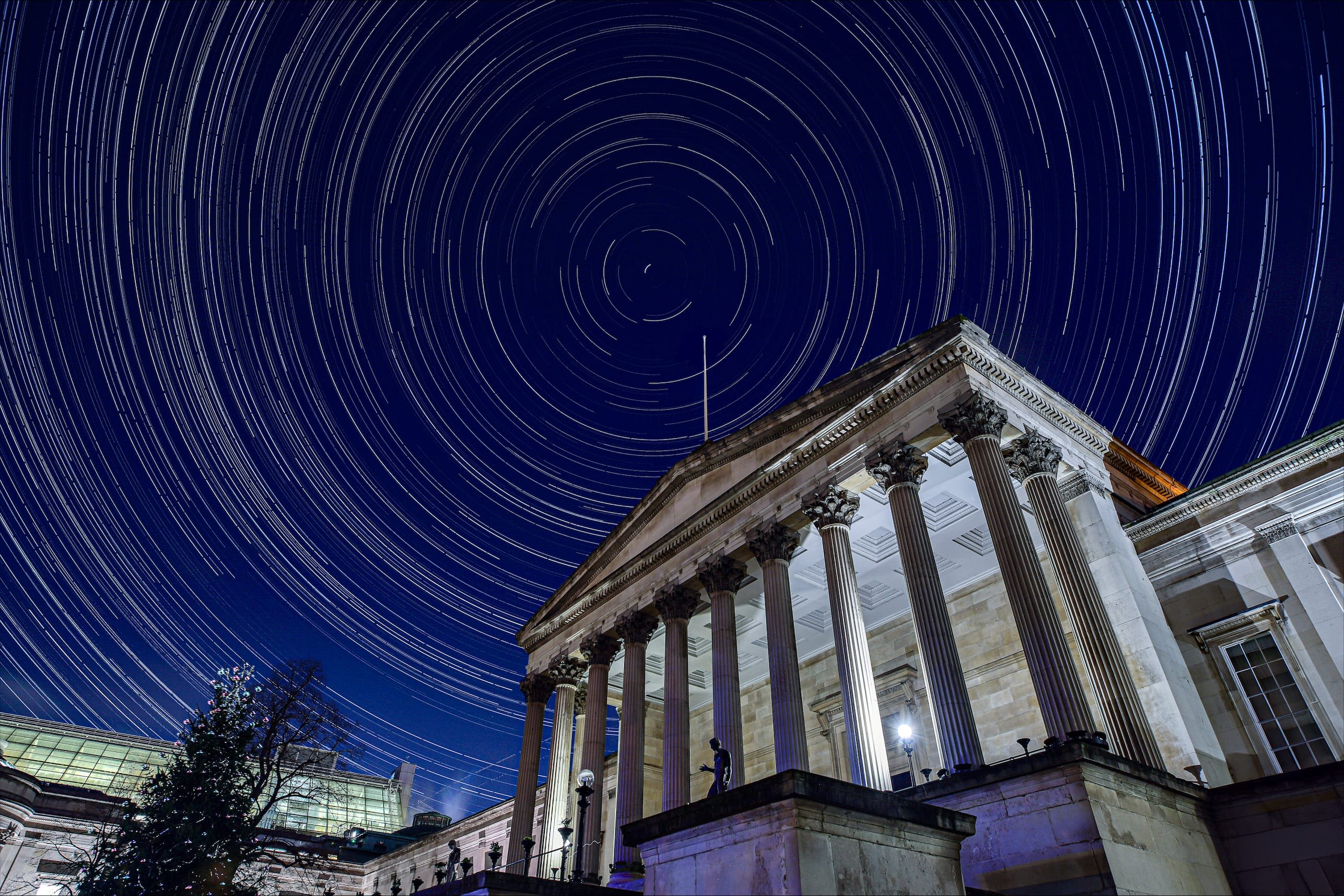 Winter star trails above the Wilkins Building