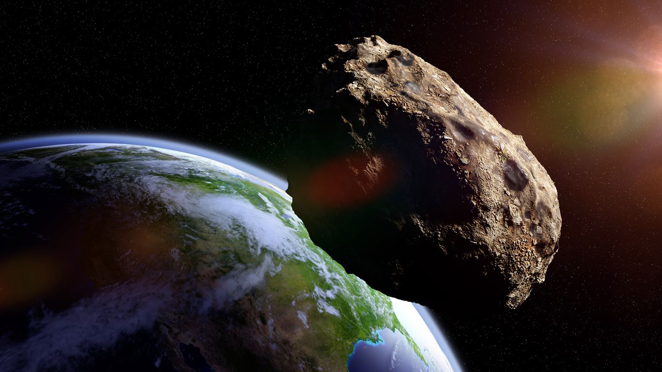 Illustration of a meteorite falling towards planet Earth.